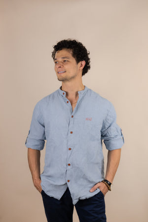 Canyonlands - Men’s Long-Sleeve Ventilated Hemp Shirt in Blue Sage (Light Blue) (front view)