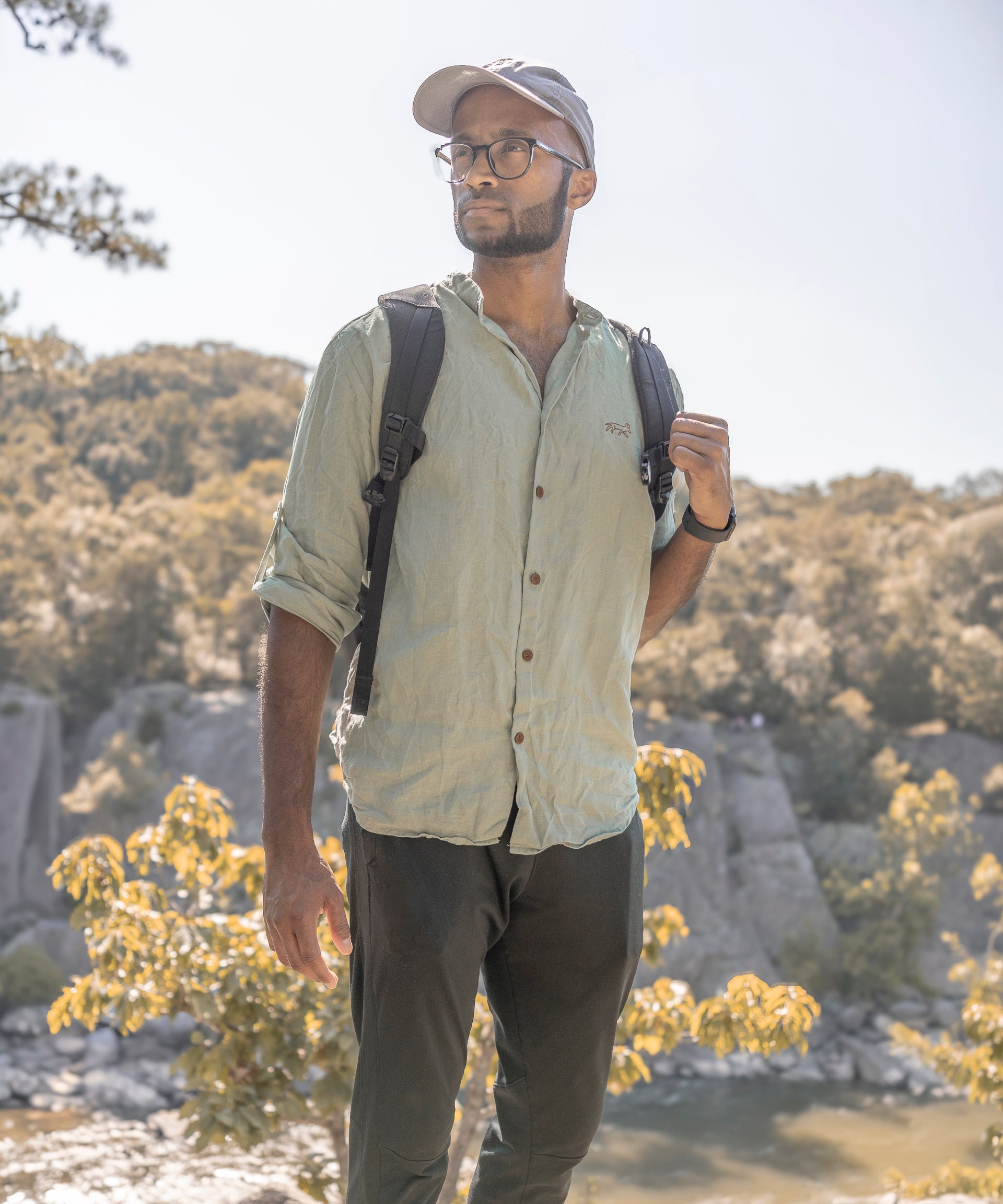 Canyonlands - Men's Ventilated Long Sleeve Hemp Shirt in Agave (Light Green), worn on the trail
