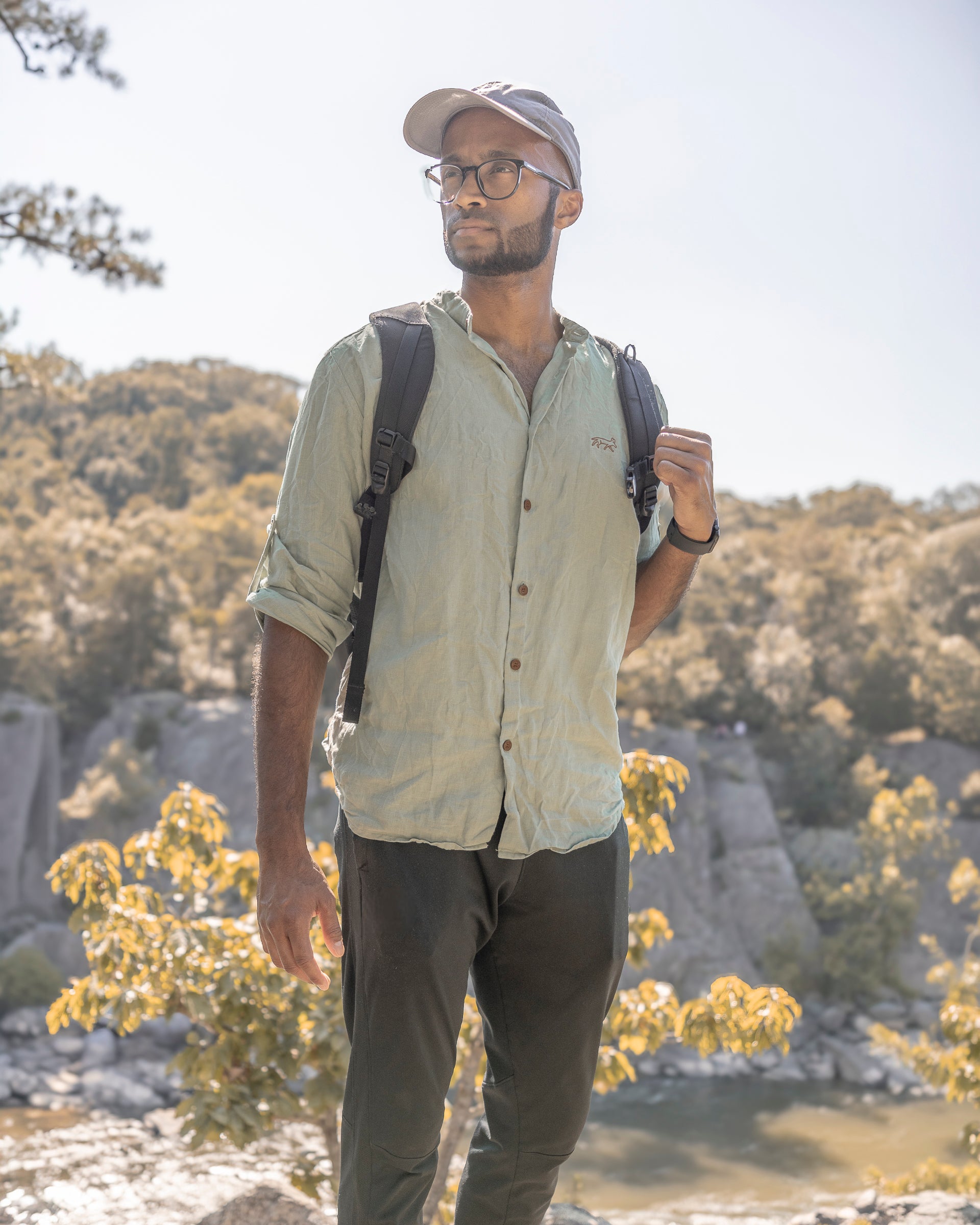 Canyonlands - Men's Ventilated Long Sleeve Hemp Shirt in Agave (Light Green), worn on the trail
