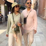 White Sands - Women's Long-Sleeve Hooded Henley in Agave (Light Green) and White Sands - Men’s Long-Sleeve Hooded Henley in Prickly Pear (Dusty Pink)