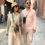 White Sands - Women's Long-Sleeve Hooded Henley in Agave (Light Green) and White Sands - Men’s Long-Sleeve Hooded Henley in Prickly Pear (Dusty Pink)