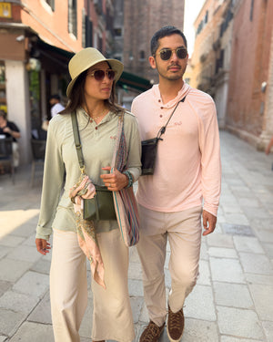 White Sands - Women's Long-Sleeve Hooded Henley in Agave (Light Green) and White Sands - Men’s Long-Sleeve Hooded Henley in Prickly Pear (Dusty Pink)
